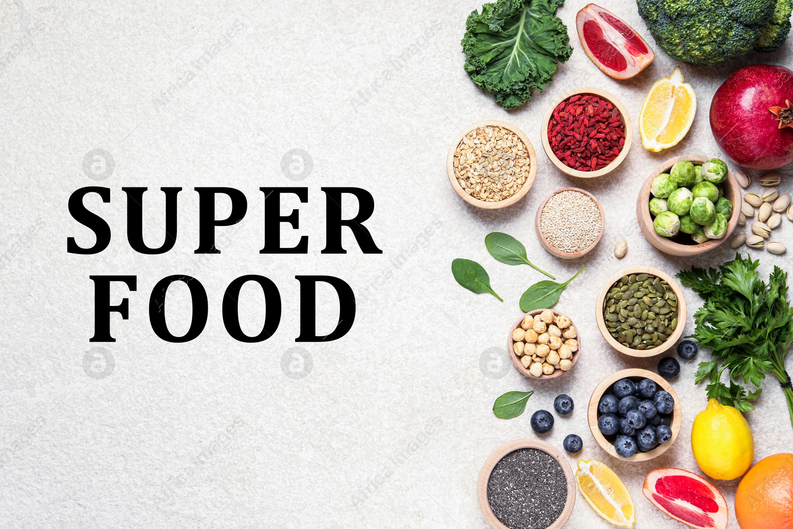 Image of Superfood. Different healthy food products on white table, flat lay