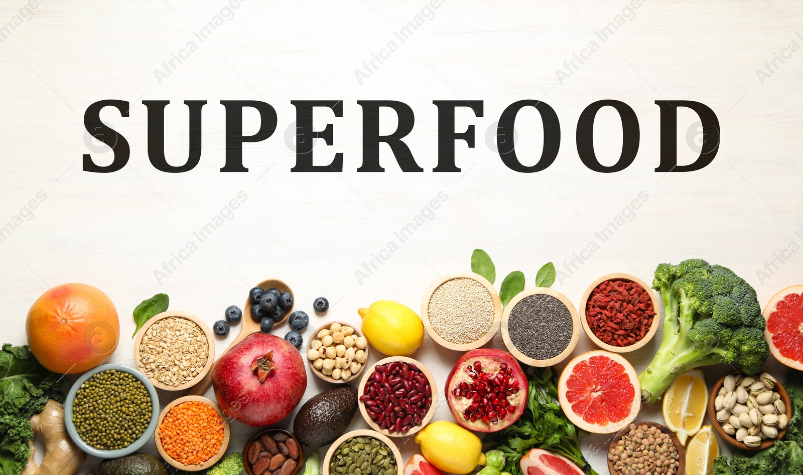 Image of Superfood. Different healthy food products on white table, flat lay. Banner design