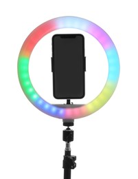 Photo of Tripod with ring light and smartphone isolated on white