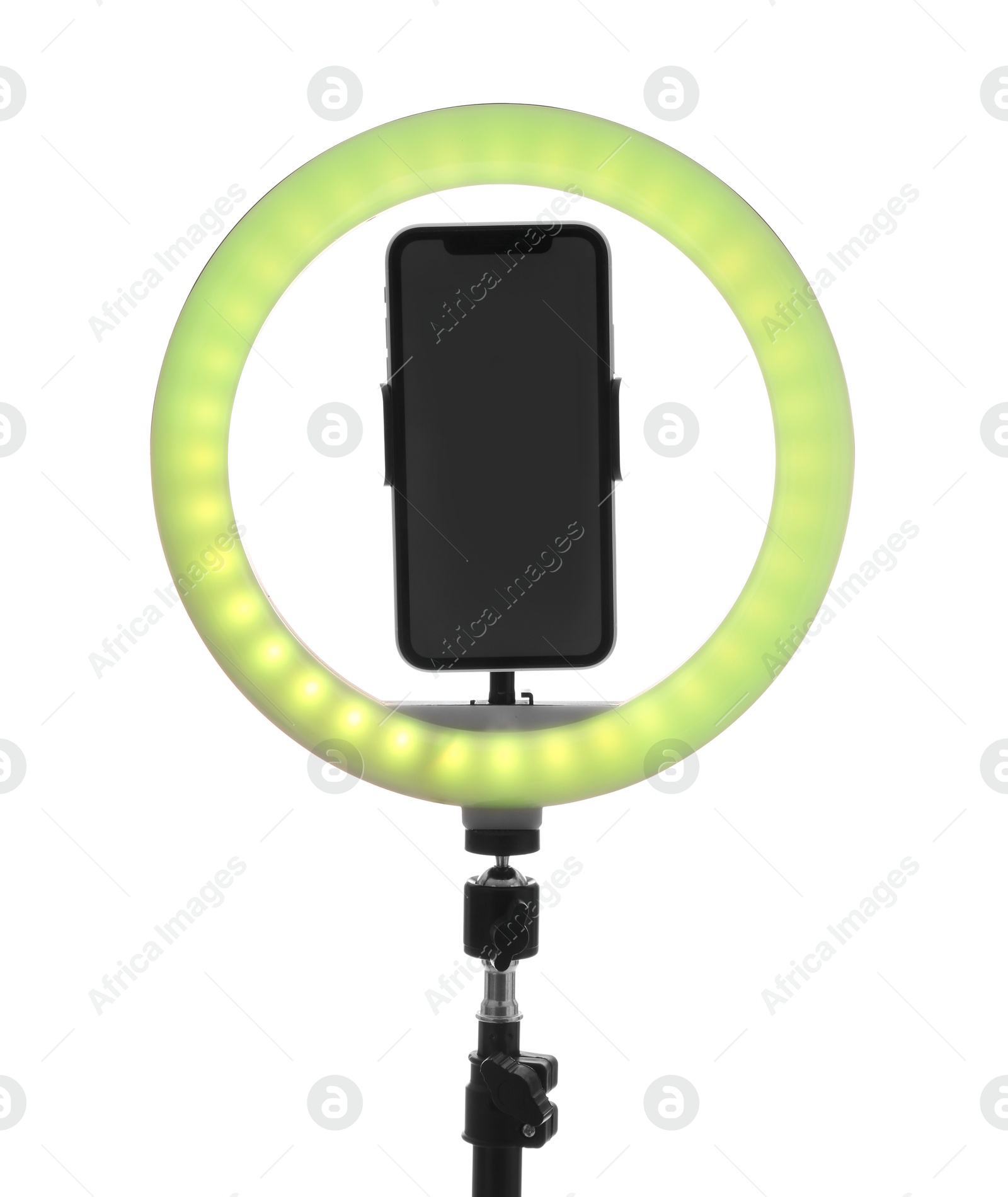 Photo of Tripod with ring light and smartphone isolated on white