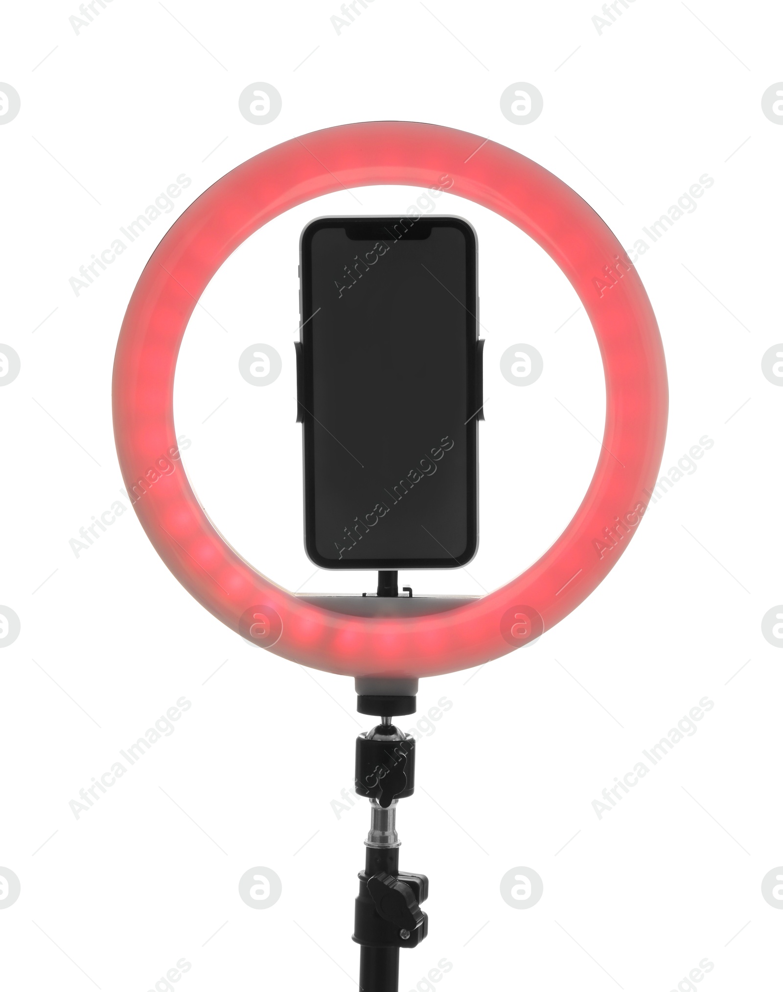 Photo of Tripod with ring light and smartphone isolated on white