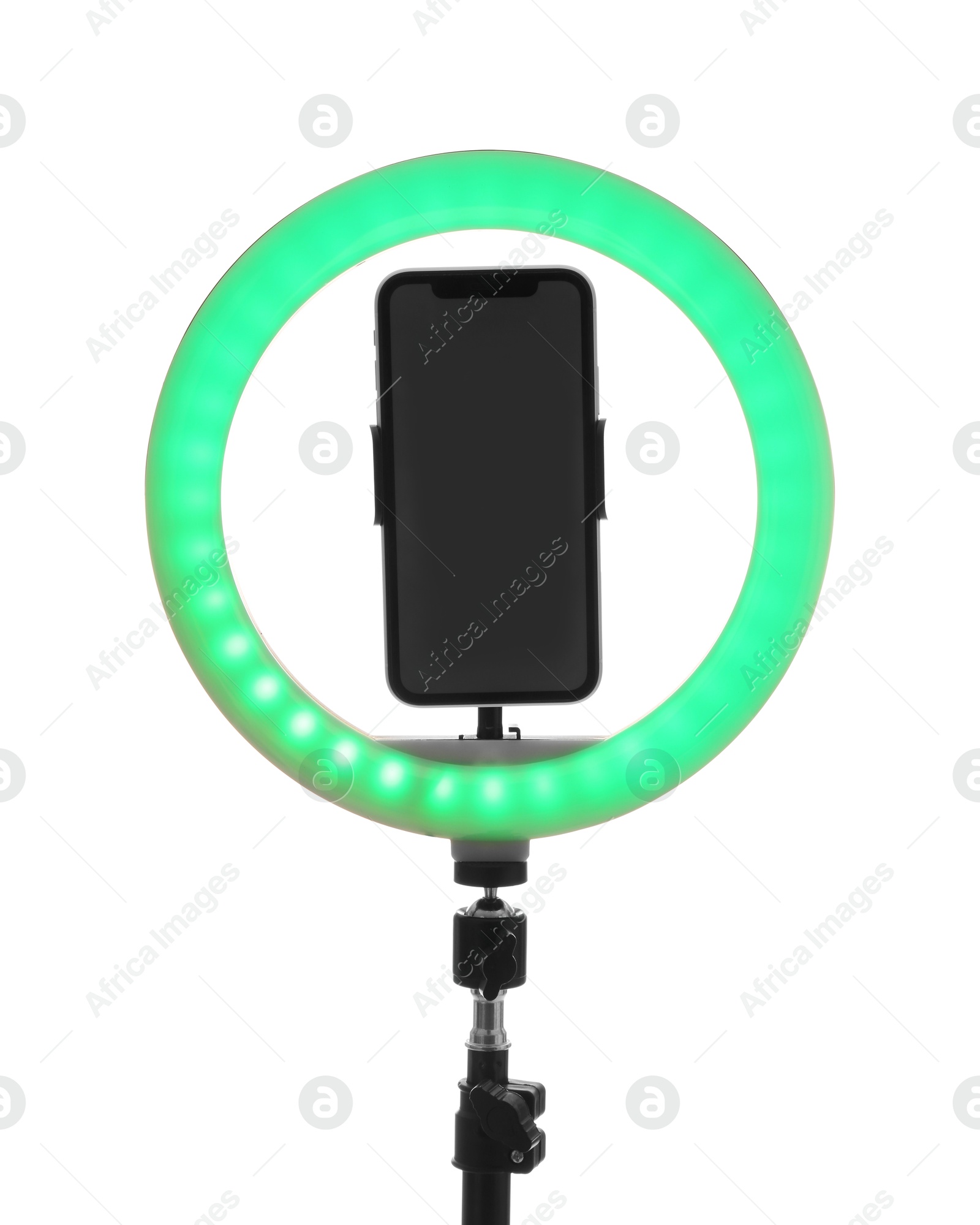 Photo of Tripod with ring light and smartphone isolated on white