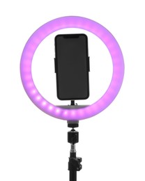 Photo of Tripod with ring light and smartphone isolated on white