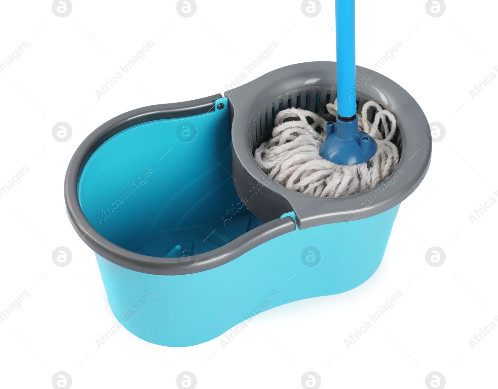 Photo of Mop and plastic bucket isolated on white