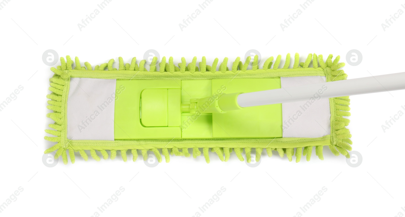 Photo of Mop with plastic handle isolated on white. top view