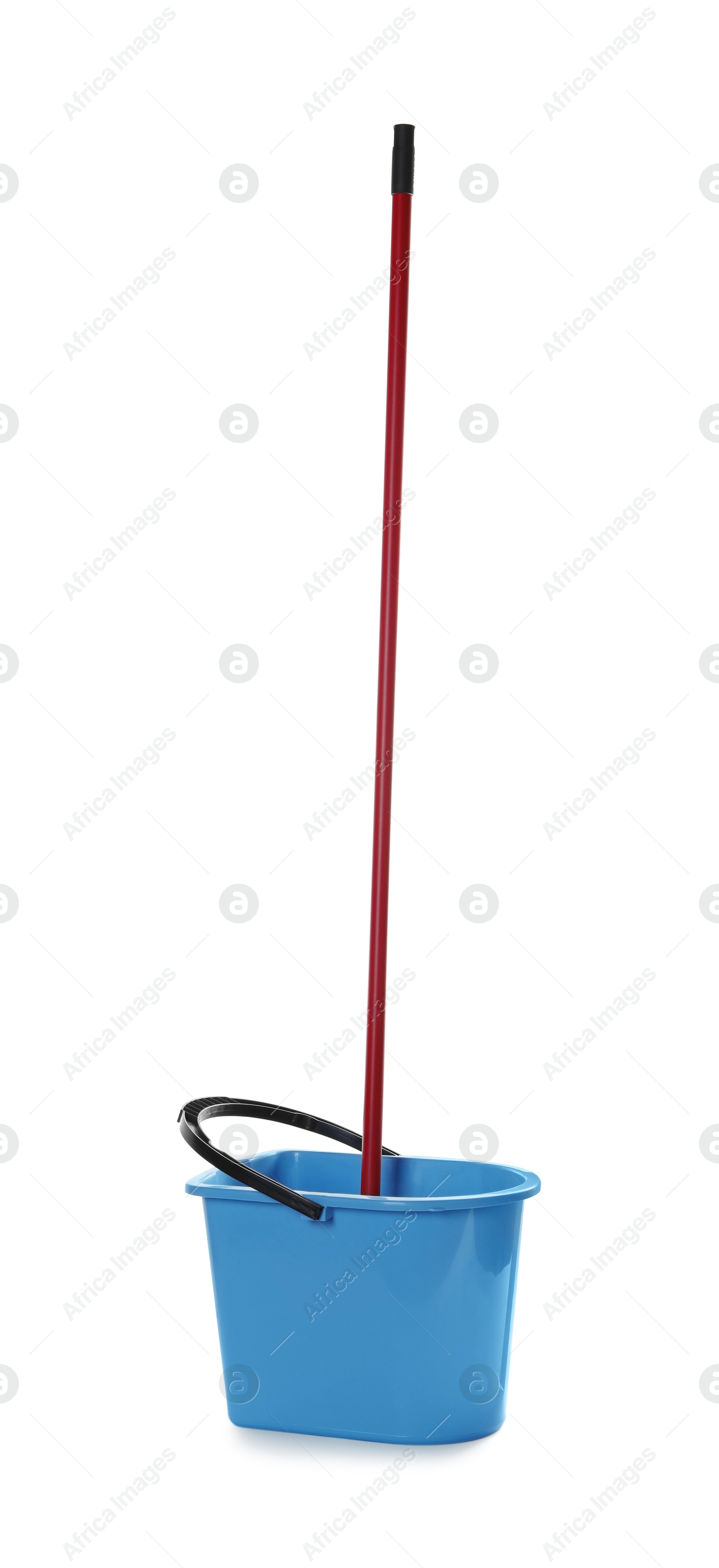 Photo of String mop and bucket on white background