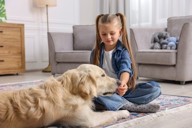 Photo of Girl with her cute Golden Retriever dog on rug at home