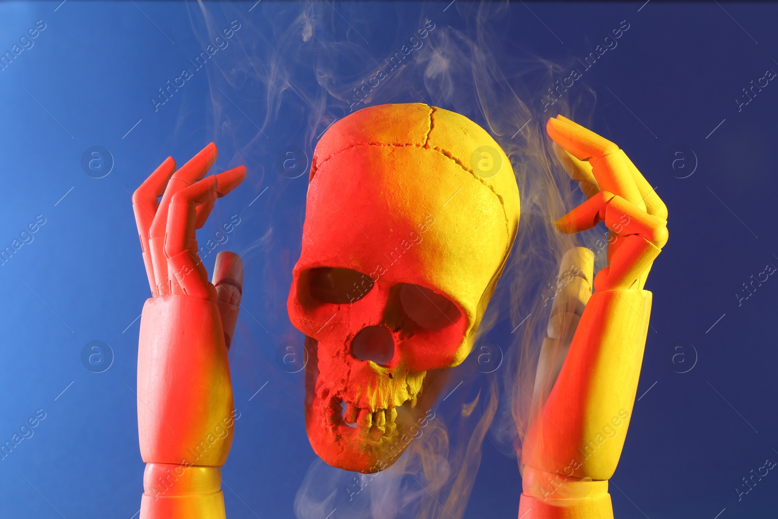 Photo of Human skull and mannequin hands on blue background