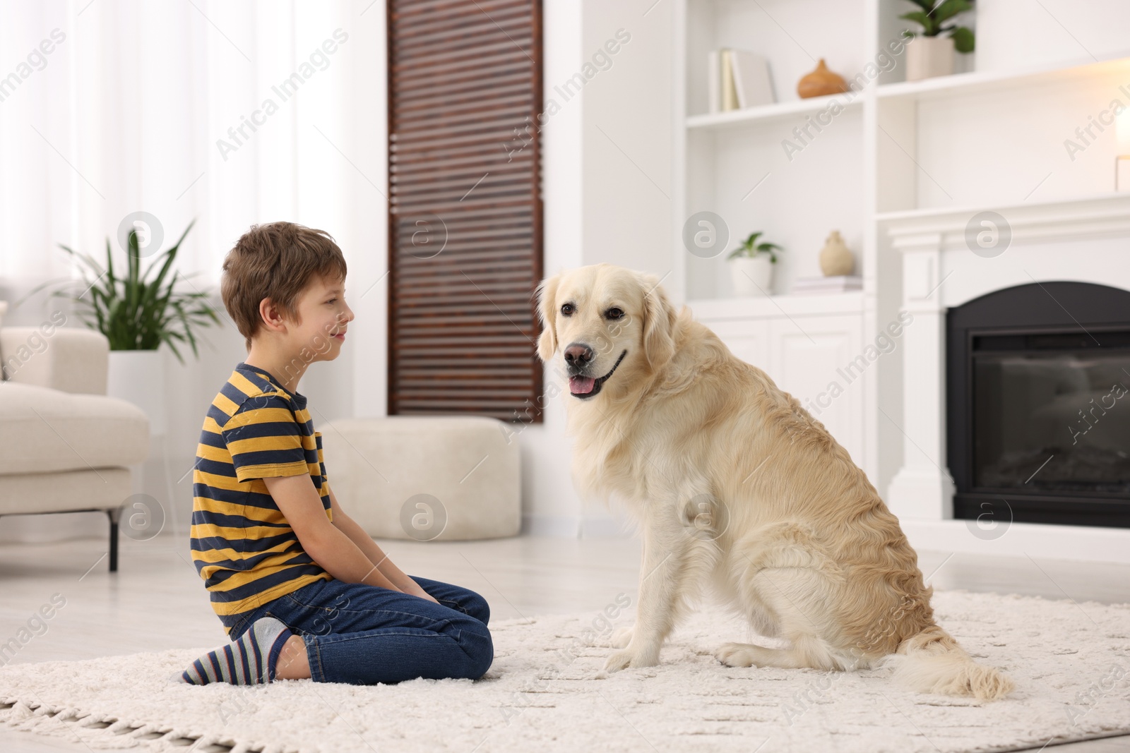 Photo of Boy with his cute dog at home