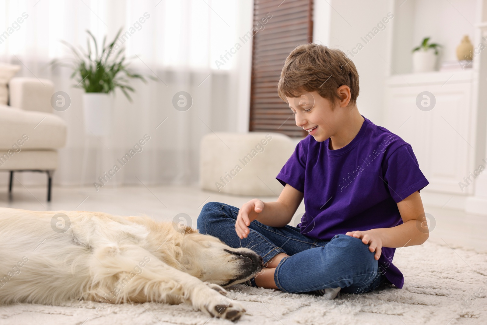 Photo of Boy with his cute dog at home