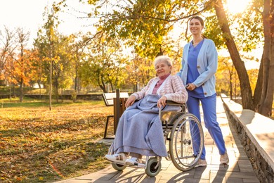 Photo of Caregiver with elderly woman in wheelchair at park. Space for text