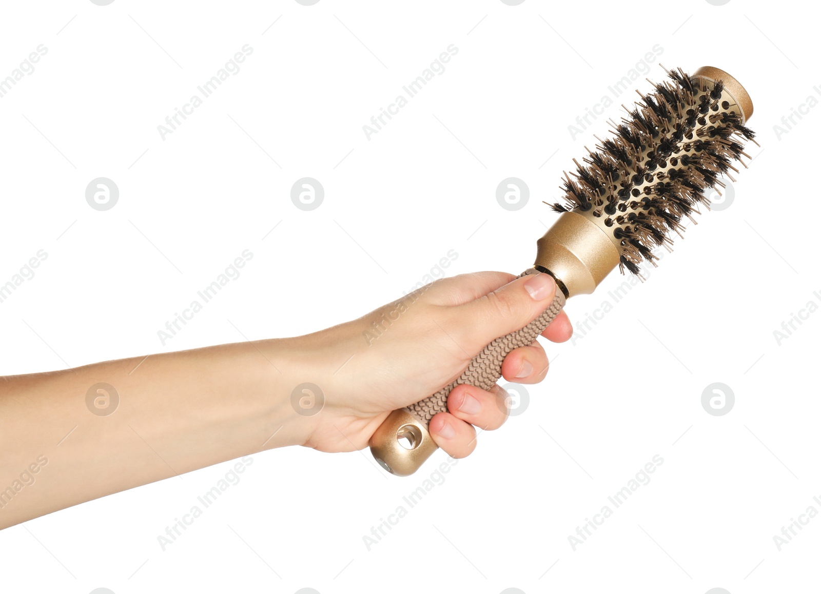 Photo of Woman with round golden hair brush on white background, closeup