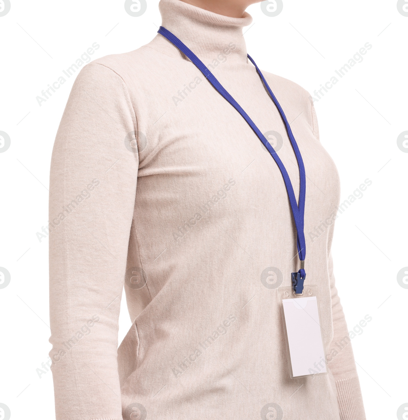 Photo of Woman with blank badge on white background, closeup