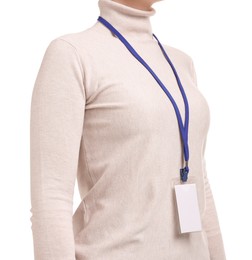 Photo of Woman with blank badge on white background, closeup