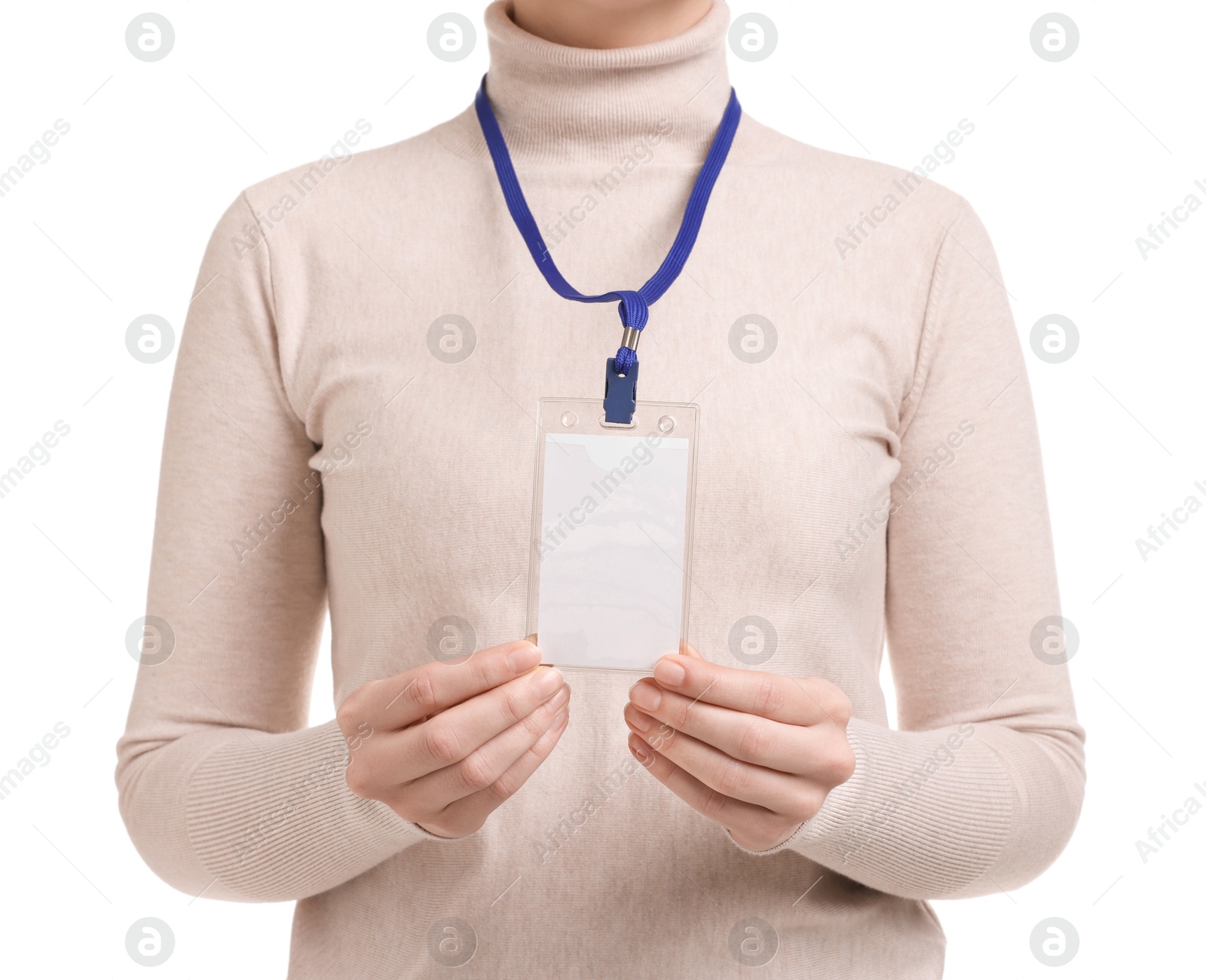 Photo of Woman with blank badge on white background, closeup