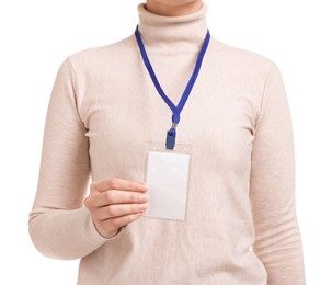 Photo of Woman with blank badge on white background, closeup