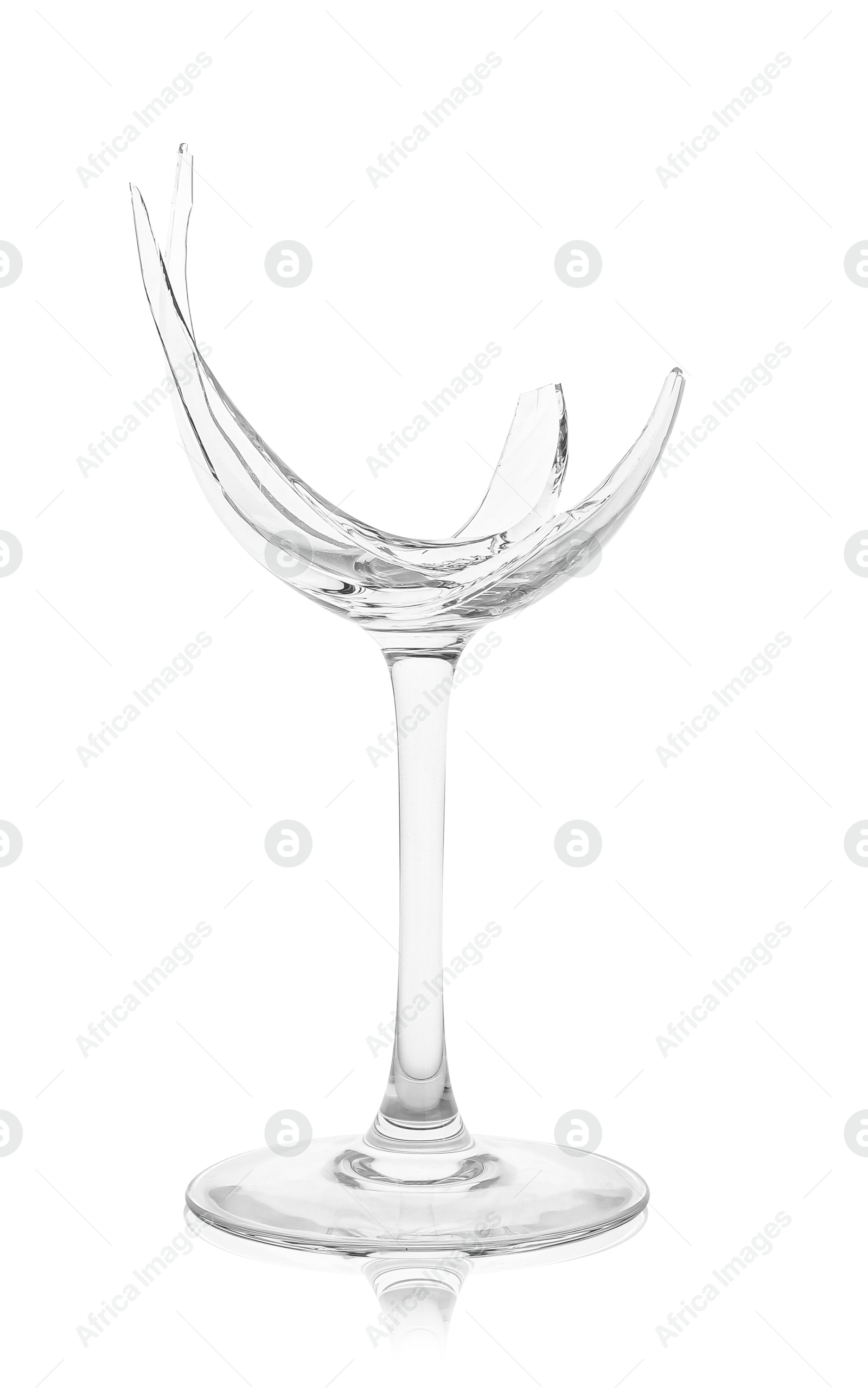 Photo of One broken wine glass isolated on white