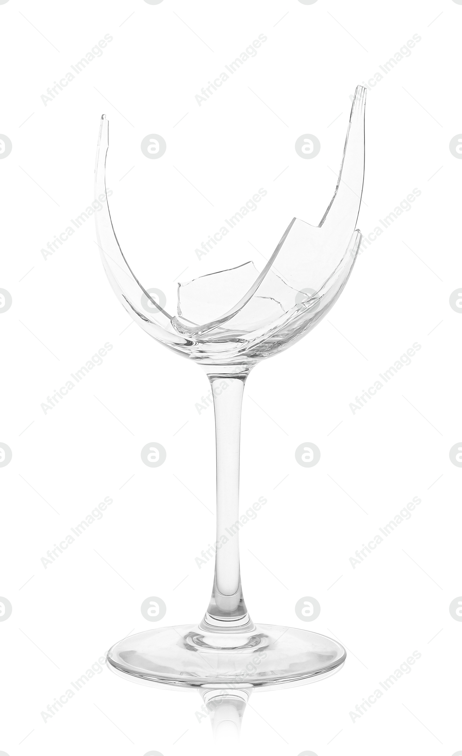 Photo of One broken wine glass isolated on white