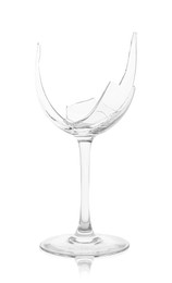 Photo of One broken wine glass isolated on white