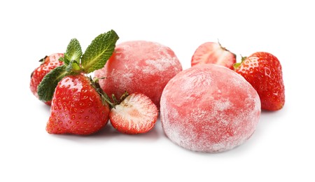 Photo of Delicious mochi, strawberries and mint isolated on white