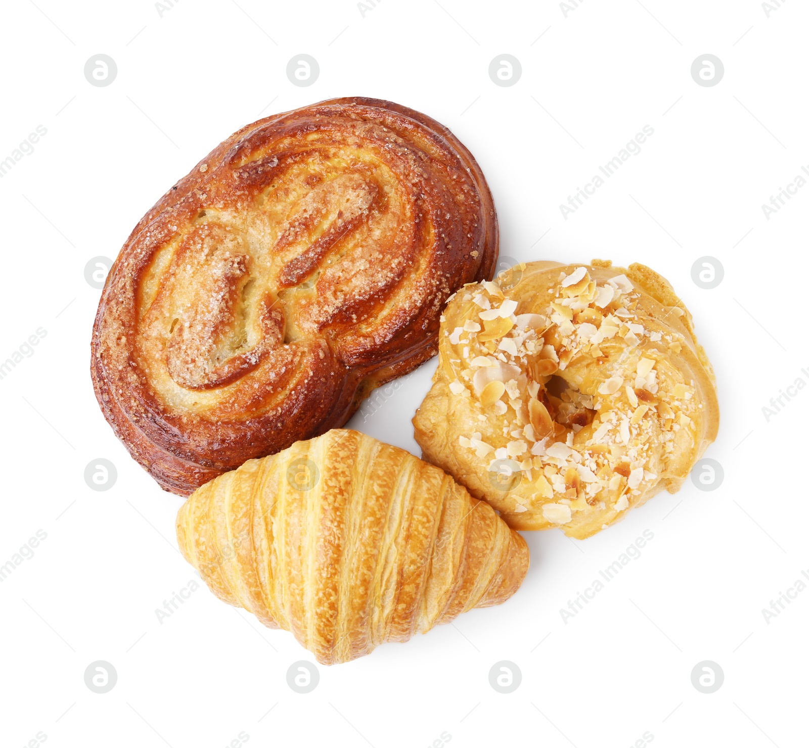 Photo of Different delicious sweet pastries isolated on white, top view