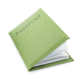 Photo of Passport in green cover isolated on white