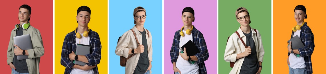 Image of Teen boy, collage of portraits on different colors backgrounds