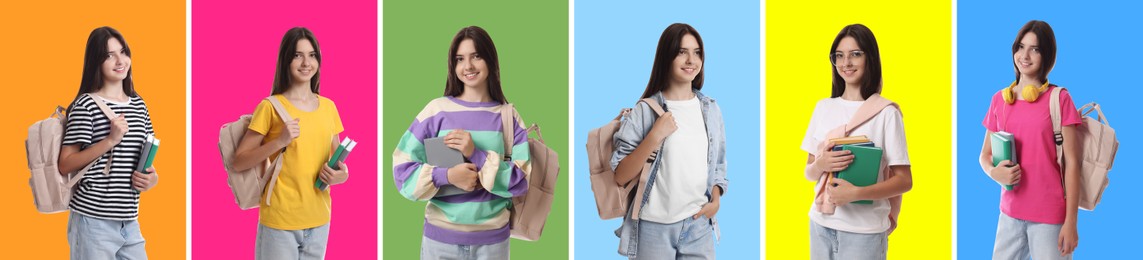 Image of Teen girl, collage of portraits on different colors backgrounds