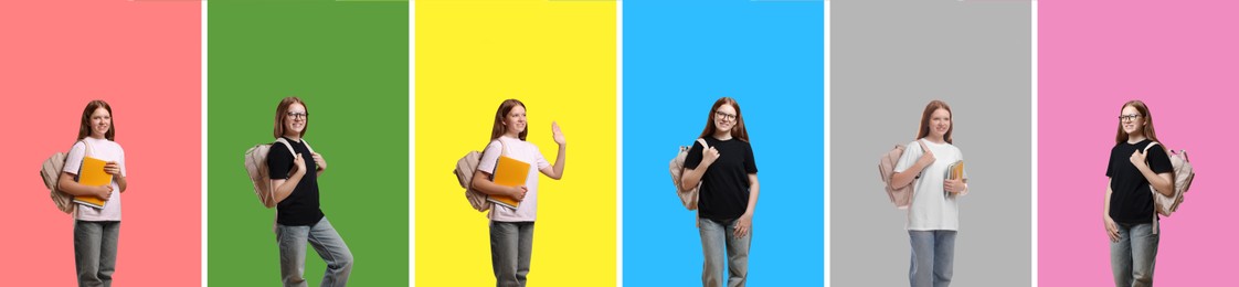 Image of Teen girl, collage of portraits on different colors backgrounds