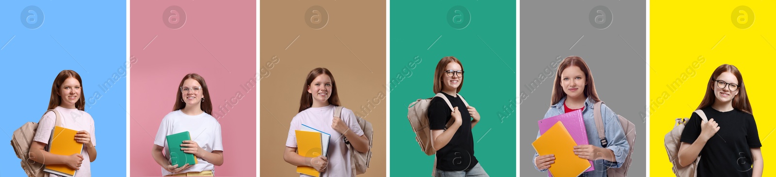 Image of Teen girl, collage of portraits on different colors backgrounds