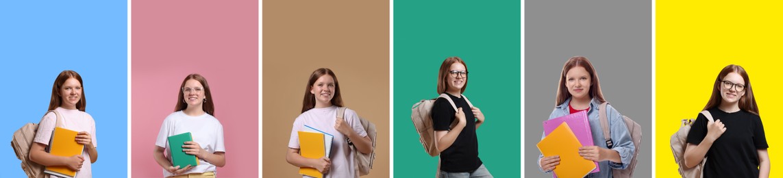 Image of Teen girl, collage of portraits on different colors backgrounds