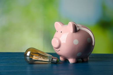 Piggy bank and light bulb on blue wooden table outdoors. Energy saving concept