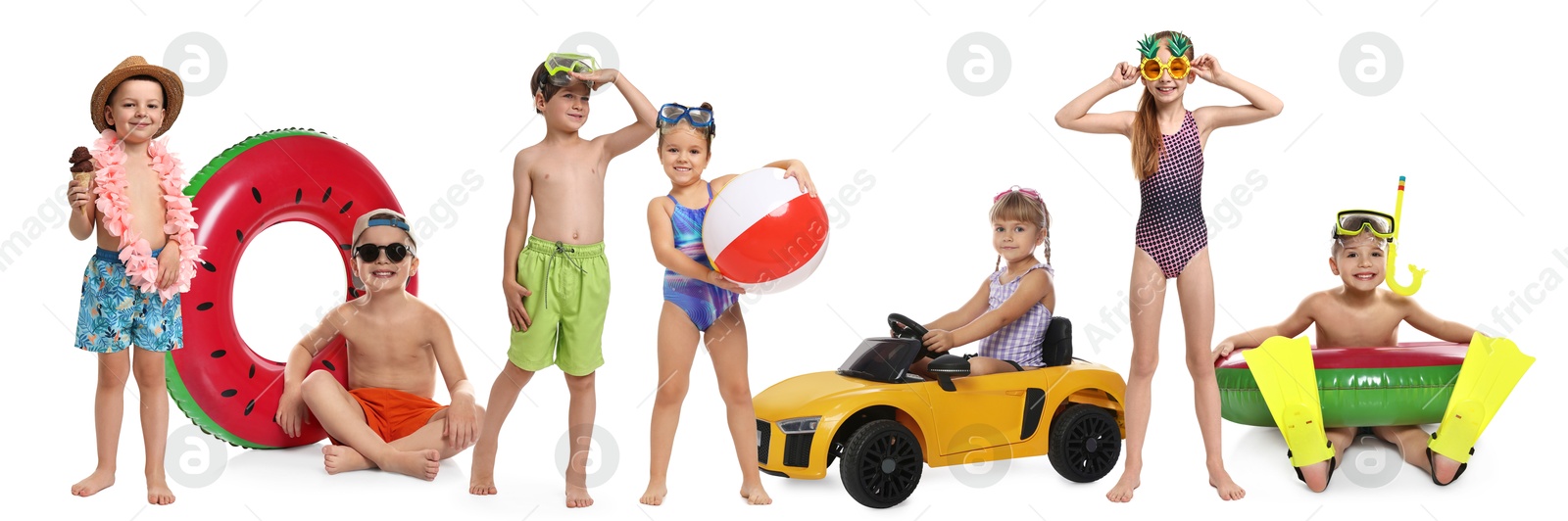 Image of Happy children in swimwear with beach items on white background