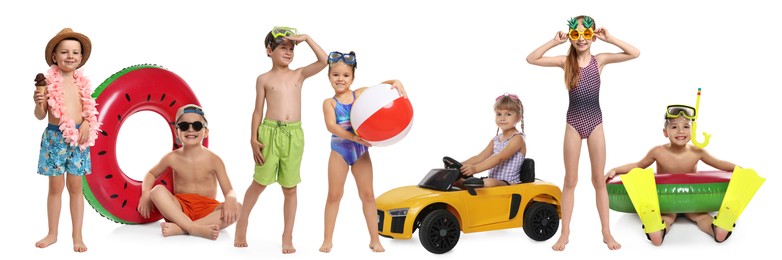 Image of Happy children in swimwear with beach items on white background