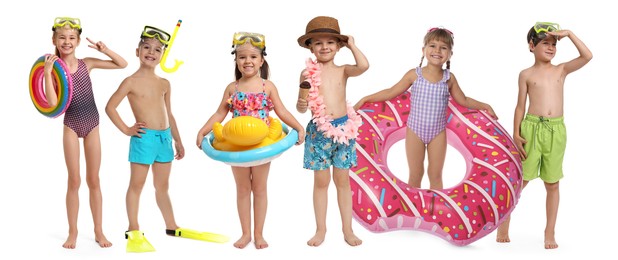 Image of Happy children in swimwear with beach items on white background