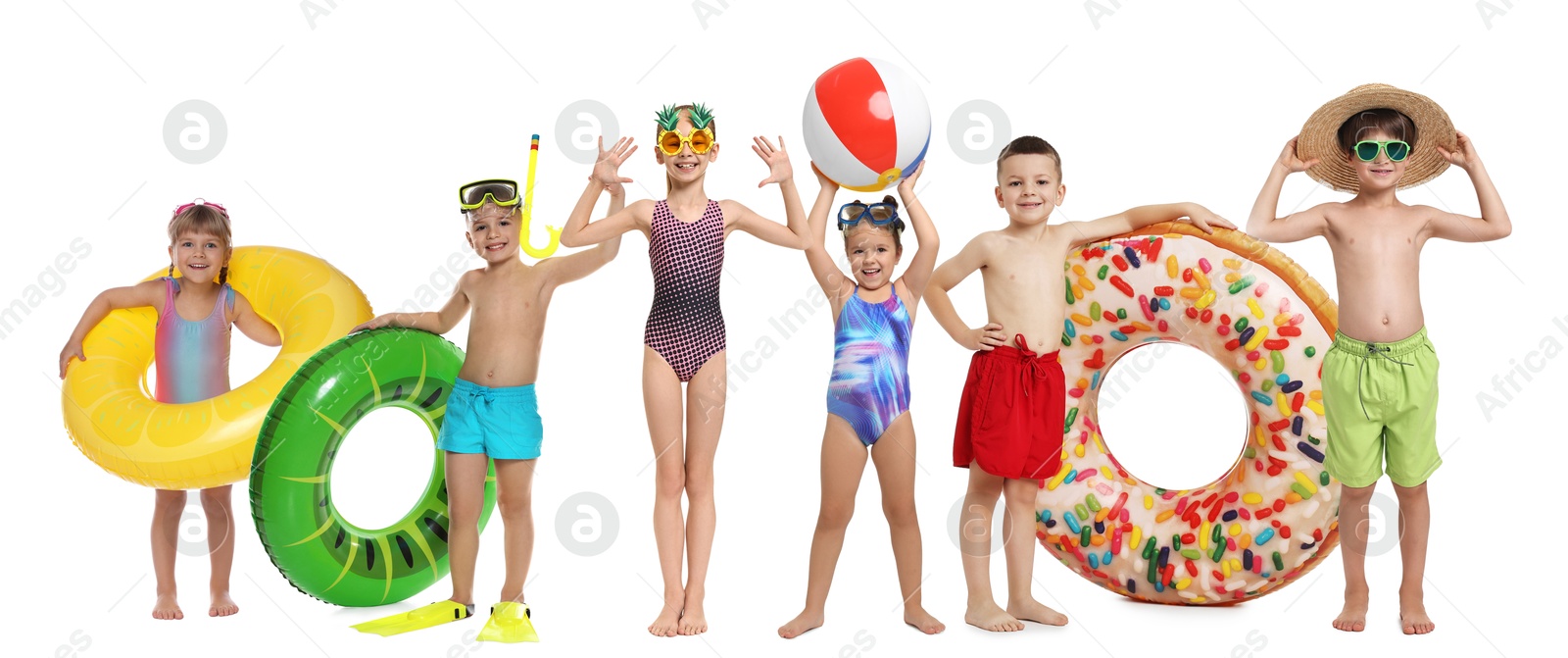 Image of Happy children in swimwear with beach items on white background