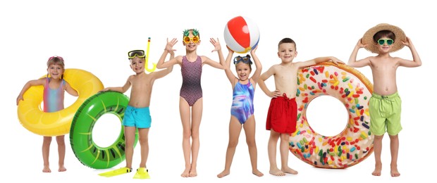 Image of Happy children in swimwear with beach items on white background