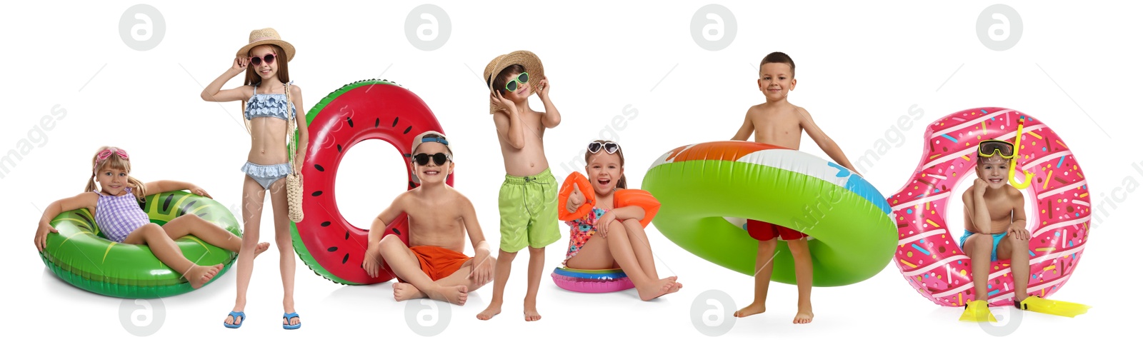 Image of Happy children in swimwear with beach items on white background