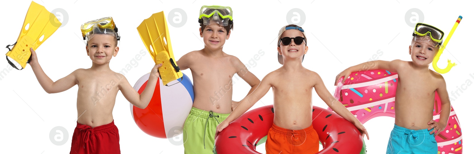 Image of Happy children in swimwear with beach items on white background