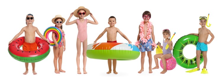 Image of Happy children in swimwear with beach items on white background