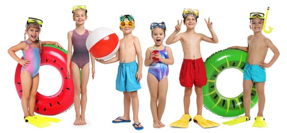 Image of Happy children in swimwear with beach items on white background