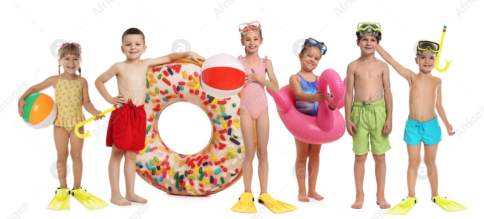 Image of Happy children in swimwear with beach items on white background