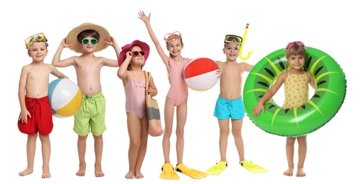 Image of Happy children in swimwear with beach items on white background