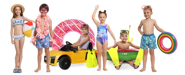 Image of Happy children in swimwear with beach items on white background