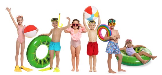 Image of Happy children in swimwear with beach items on white background