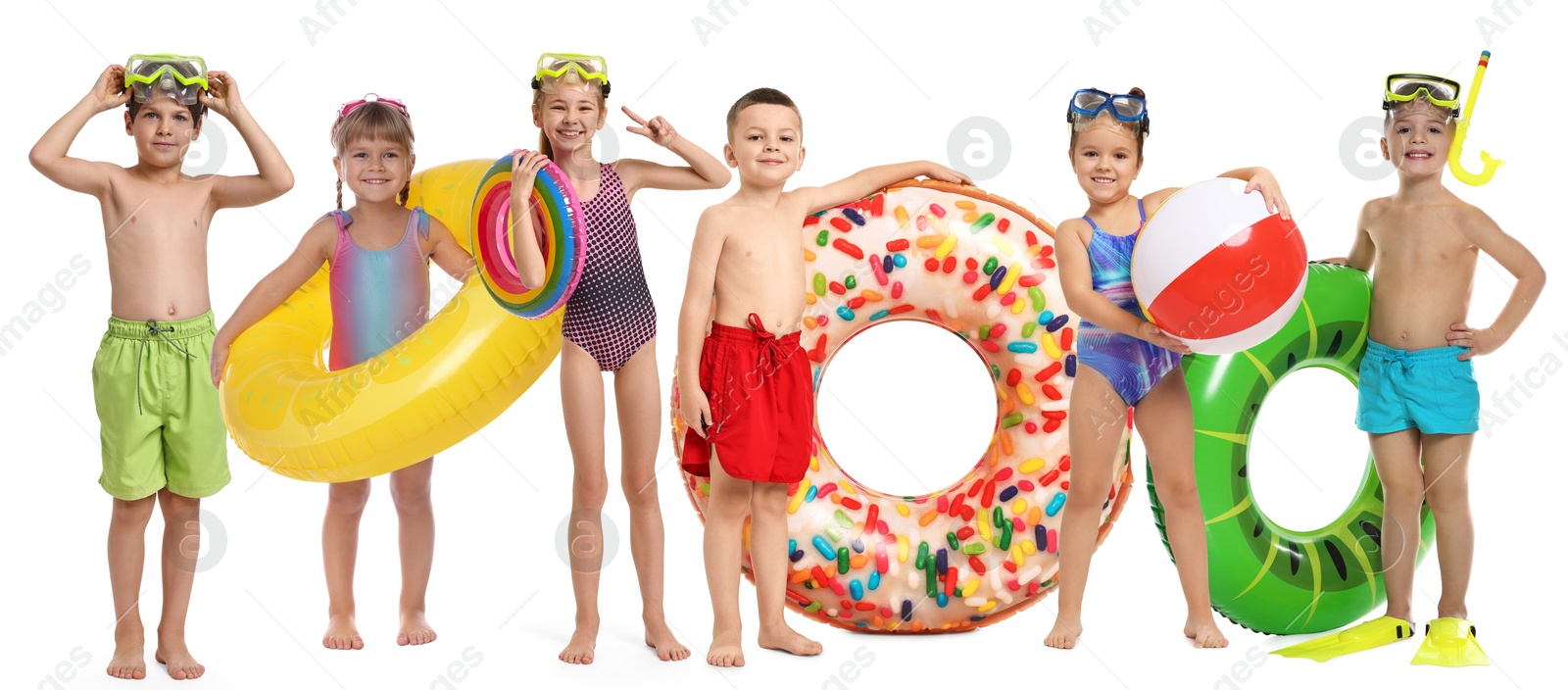 Image of Happy children in swimwear with beach items on white background