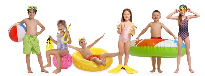 Image of Happy children in swimwear with beach items on white background