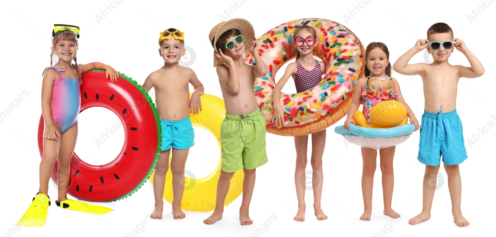 Image of Happy children in swimwear with beach items on white background