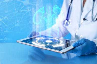 Image of Medical technology. Doctor using tablet, closeup. Illustration of kidneys and neural network