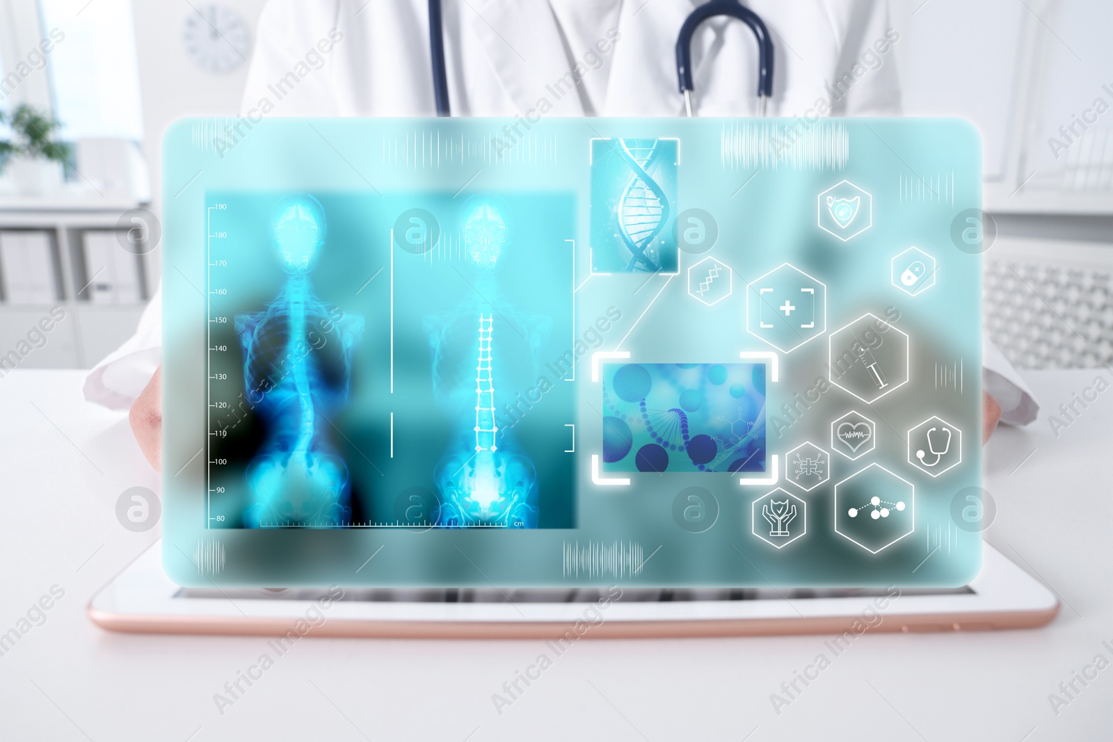 Image of Medical technology. Doctor using tablet with virtual screen, closeup. Icons, illustration of human skeleton and DNA